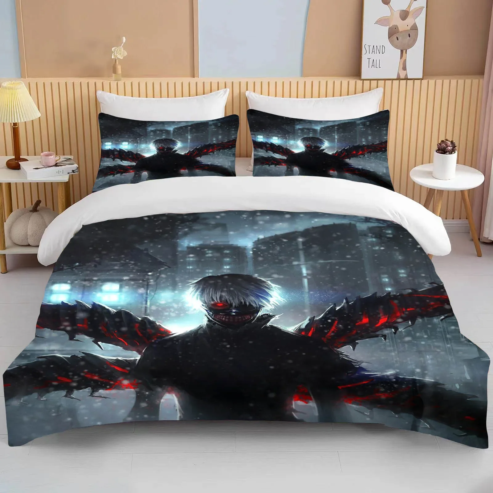 New Japan Tokyo Ghoul Bedding Set Kaneki Ken Anime Bedding Set Black White Duvet Cover Set Boy Home Textile 3d Quilt Bed Linens