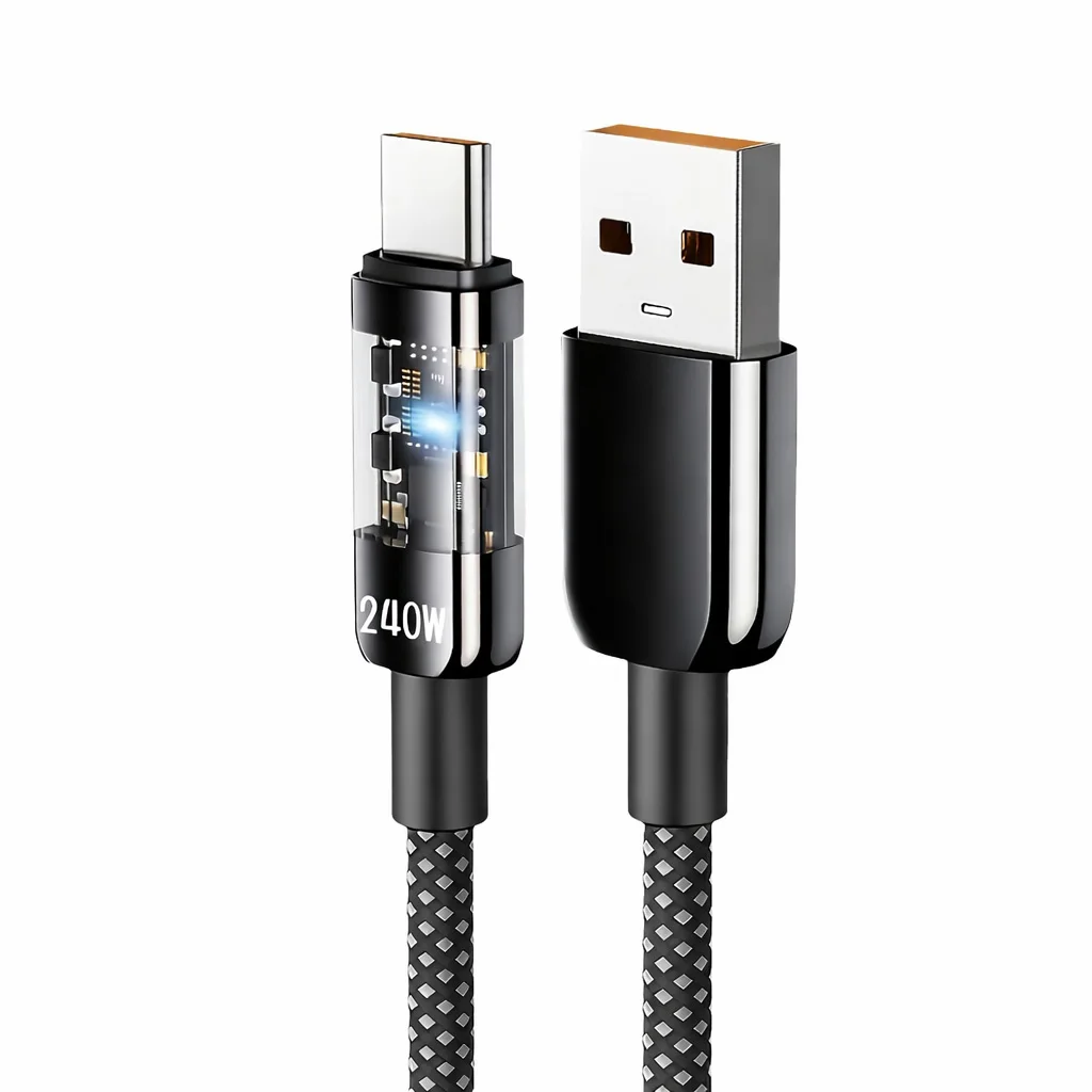 Cabo de carregamento rápido com revestimento de nylon trançado, 240W, USB-C, com visor digital LED, cabo de dados tipo C para smartphones Samsung, Xiaomi, Huawei e Honor.
