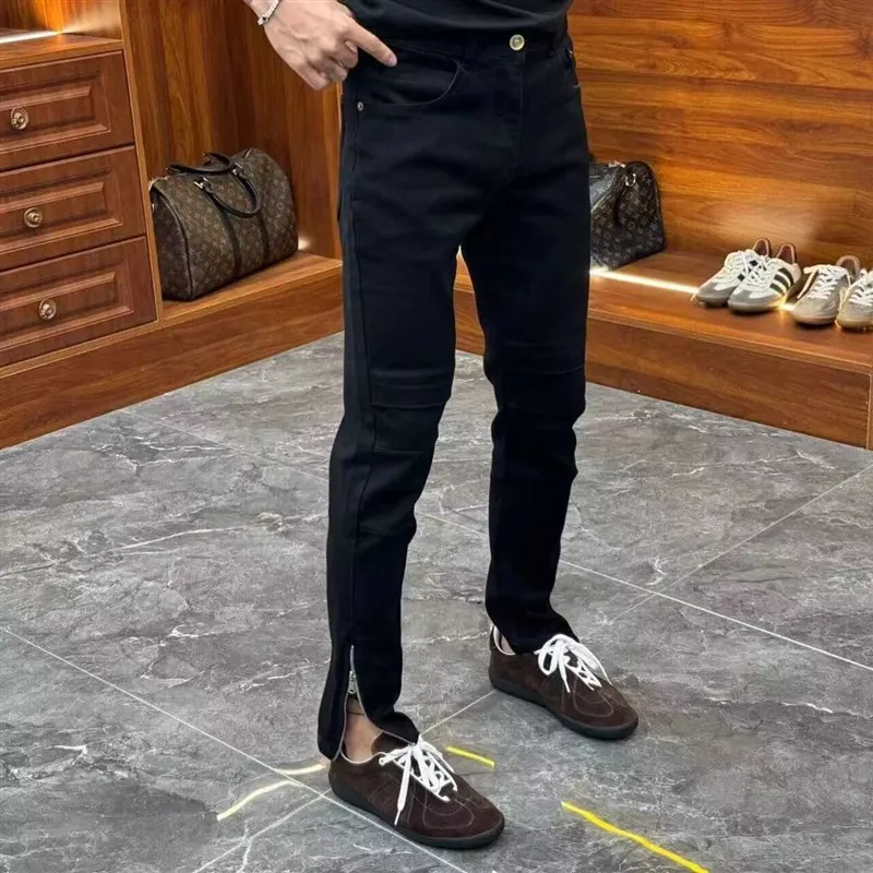 

Высококачественные простые джинсы с декоративной боковой молнией, мужские черные эластичные брюки с узким кроем, осенние универсальные износостойкие брюки