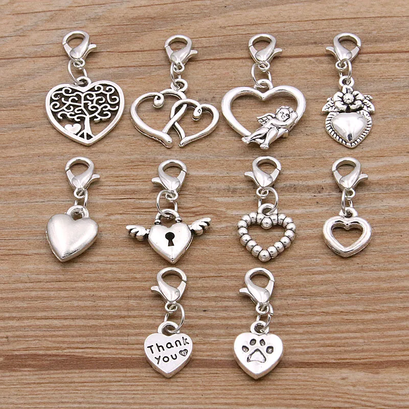 Mix 10pcs 4 Styles 2 Color Heart Charm Lobster Clasp Pendants Vintage Beads Fit for Women Bracelets DIY Metal Jewelry Making