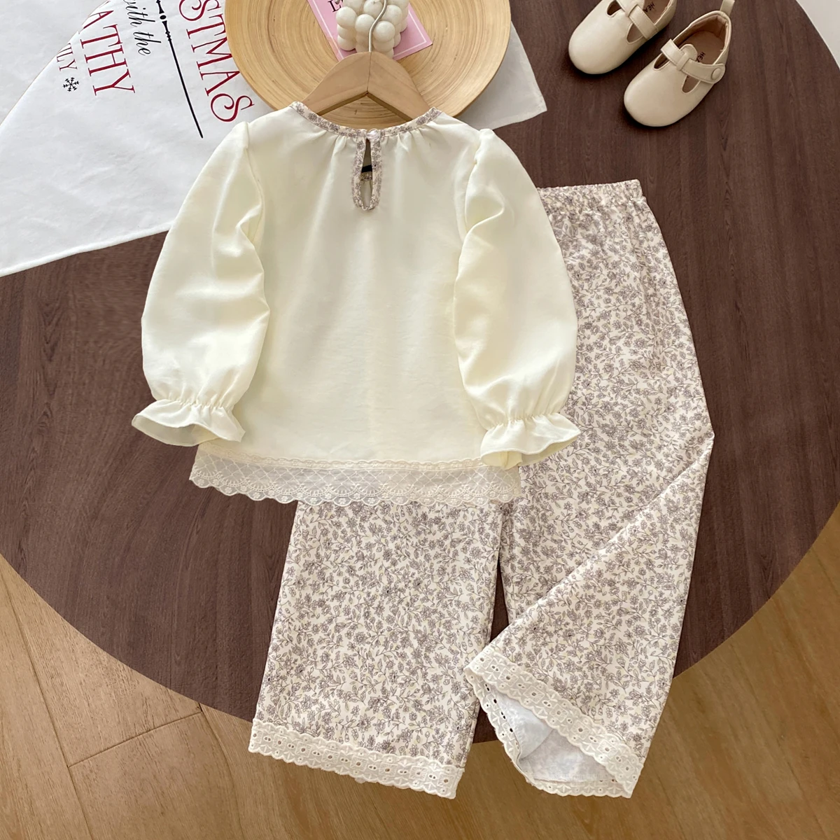 Humor Bear Kids Clothes Girls Autumn Fashion Pocket Lace Long-sleeved Top Floral Wide-leg Pants 2-piece Sets Children's  Clothes