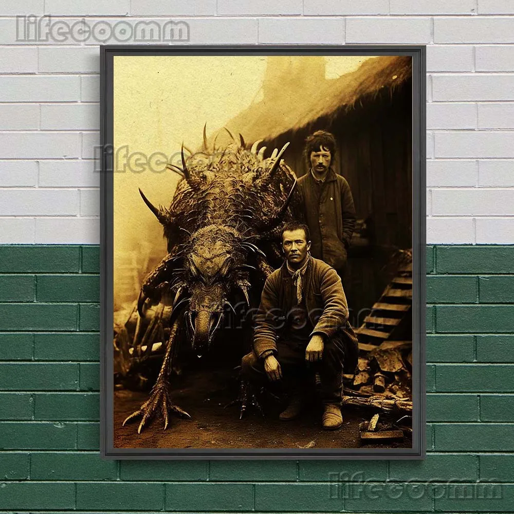 Giant Monster Animals And Hunters Vintage Photograhpy Art Poster And Print Scary Monster Pet Wall Art Canvas Painting Home Decor