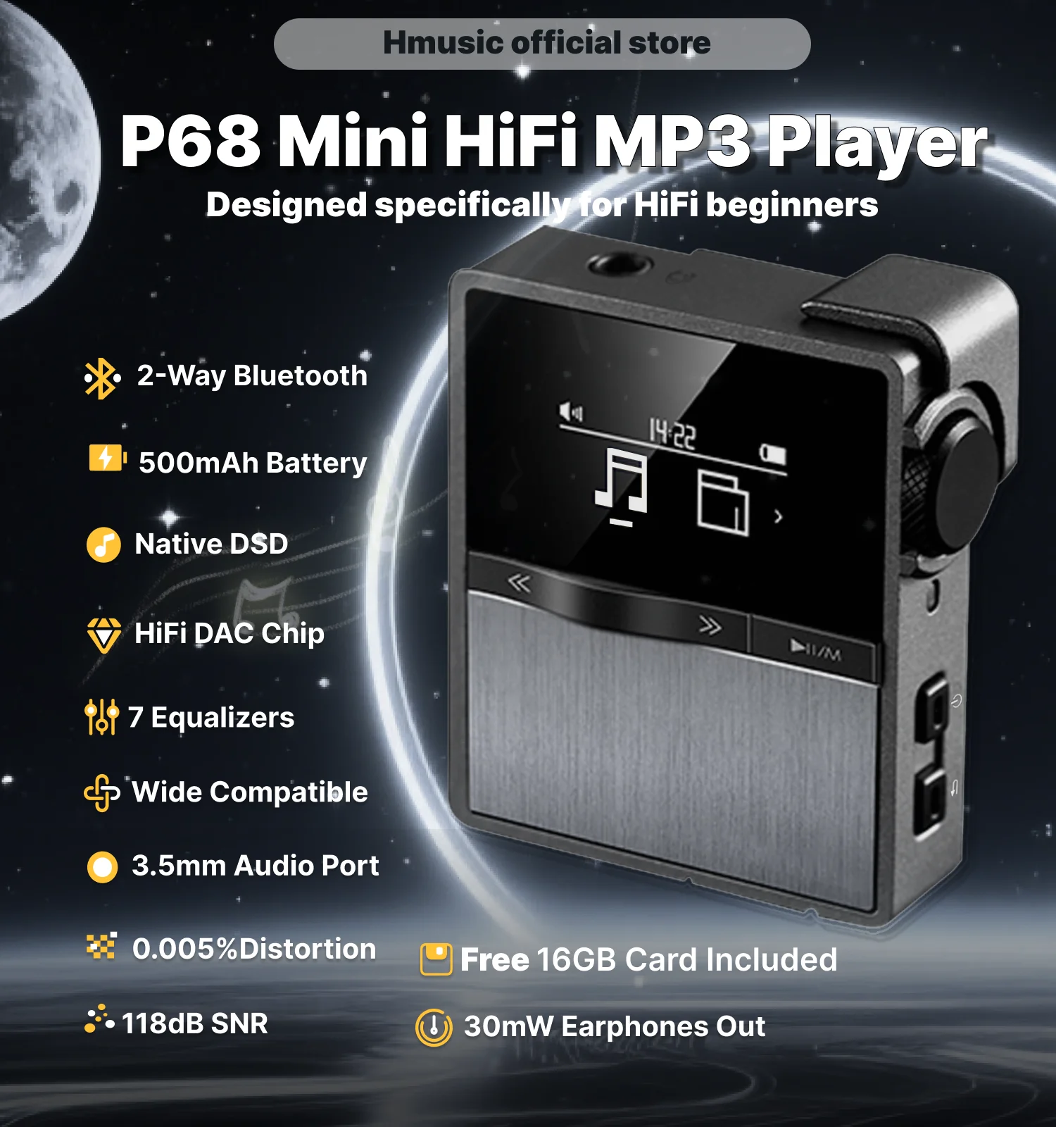 Hmusic P68 Mini HiFi Music MP3 Player Lossless Sound 128GB Expandable 15H Play Portable 60g Button Bluetooth 5.4 for Car & Sport
