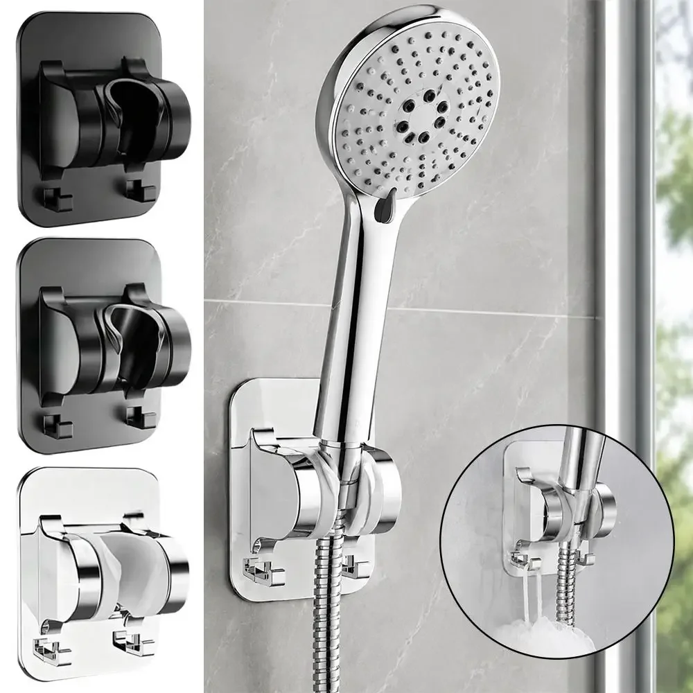 Plastic Shower Head Holder Self-adhesive Wall Mounted Showerhead Bracket with Hooks Adjustable Shower Sprayer Fixed Base
