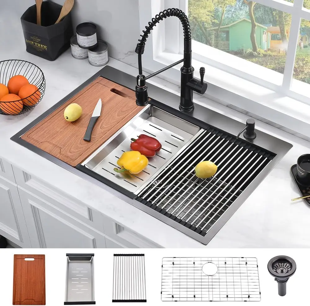 33 Inch Black Drop In Kitchen Sink Worktation-33x19 Drop In Sink Black Stainless Steel Kitchen