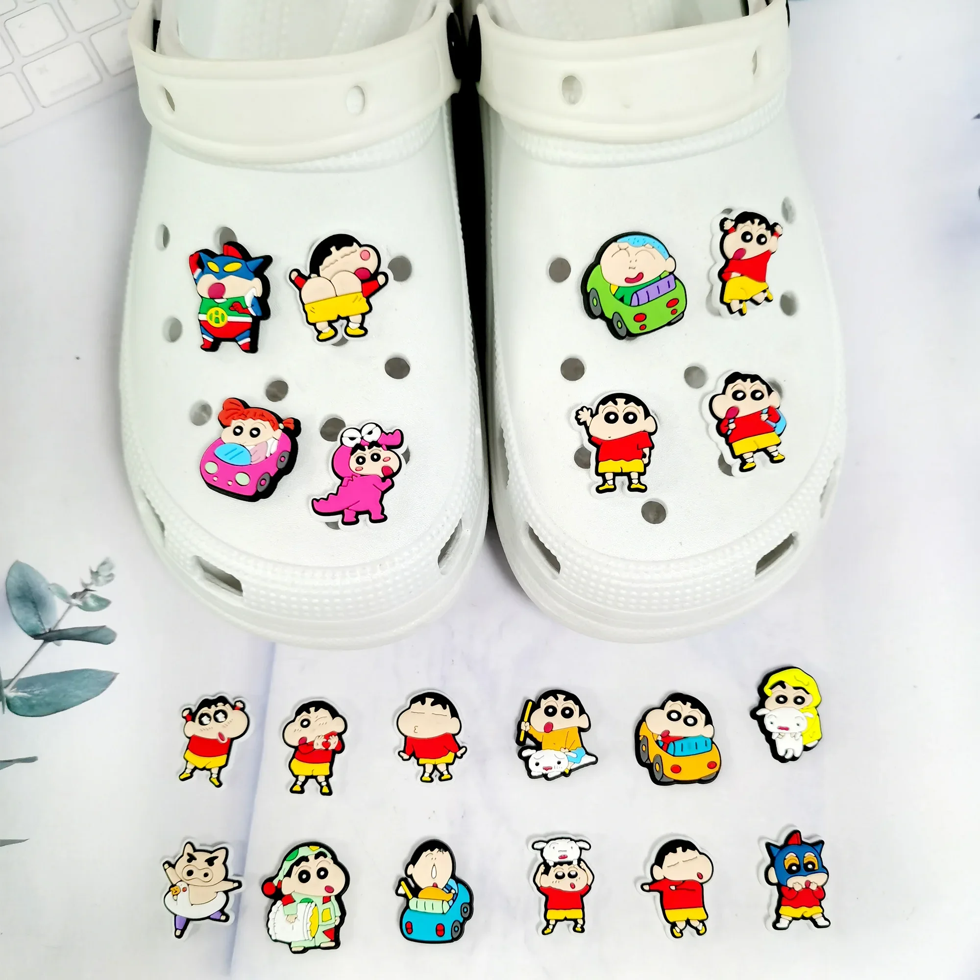 MINISO 20pcs Cartoon Crayon Shoe Charms for Japan Anime Shin-chan DIY Shoe Decorations Accessories Sandal Decorate Kids Gift