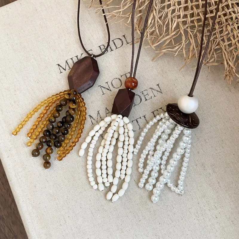 Minar Retro Natural Stone Tiger Eyes Wood Glass Beads Imitation Pearl Tassel Pendant Necklaces for Women PU Leather Chain Choker