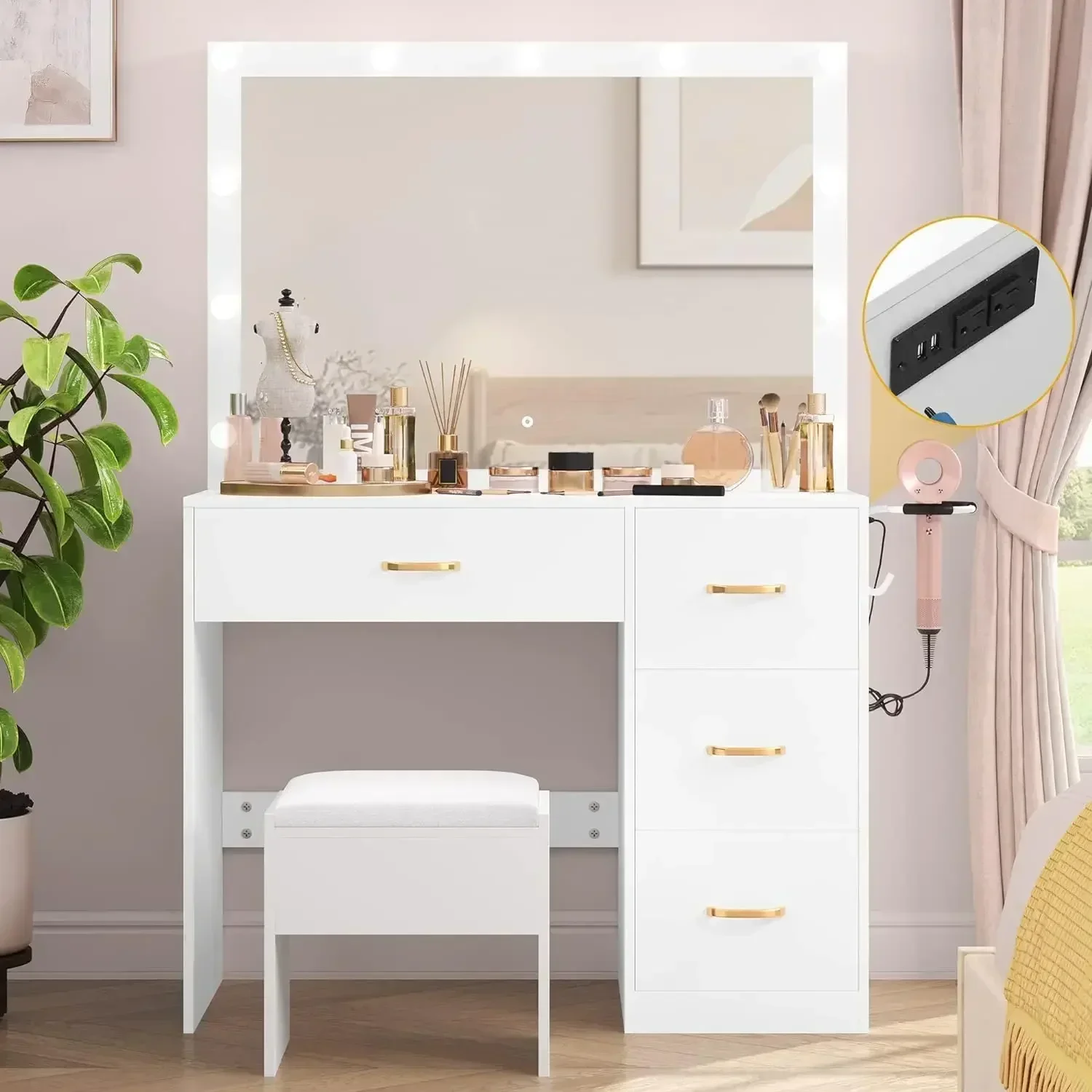 DWVO Makeup Vanity with Large Lighted Mirror, Vanity with Power Outlet, 3 Color Lighting Modes, Adjustable Brightness