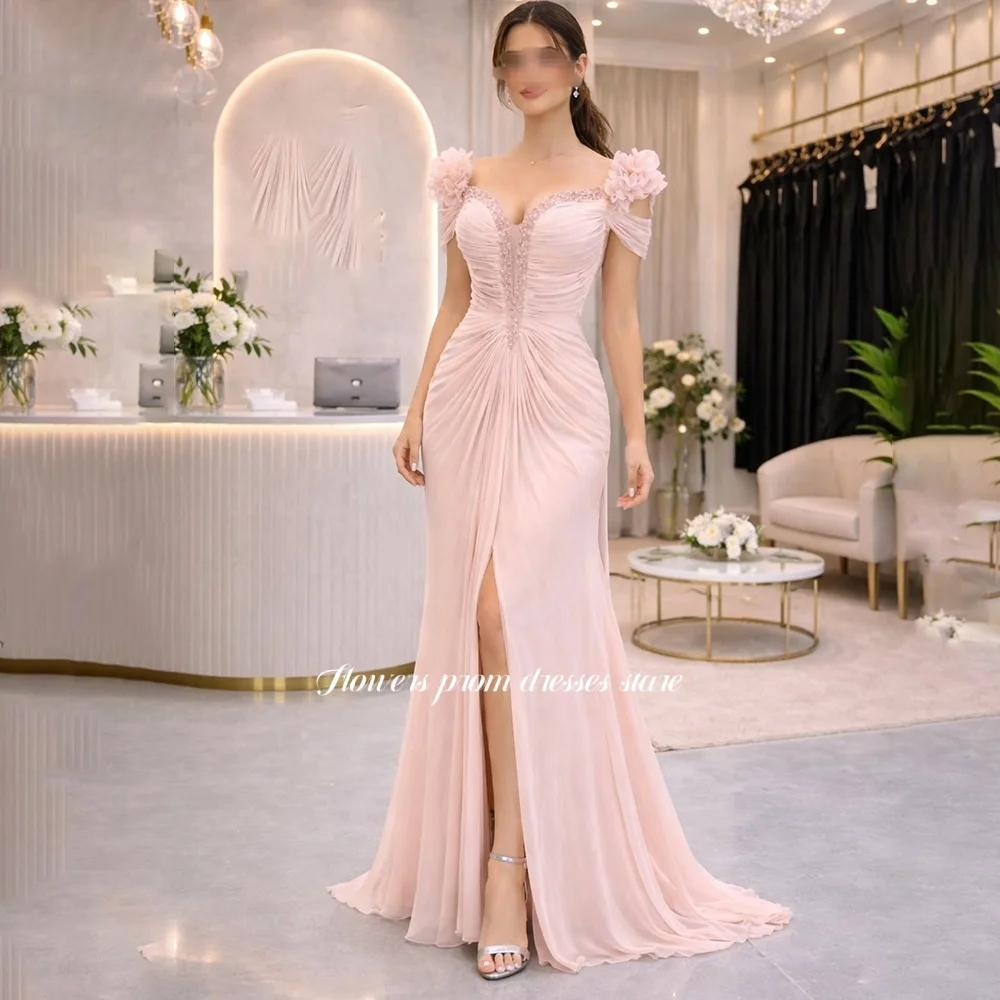 

Flowers Pink Mermaid Party Dress with 3D Flowers Evening Dresses Beading Formal Occasion Dress Robe De Soirée Customized