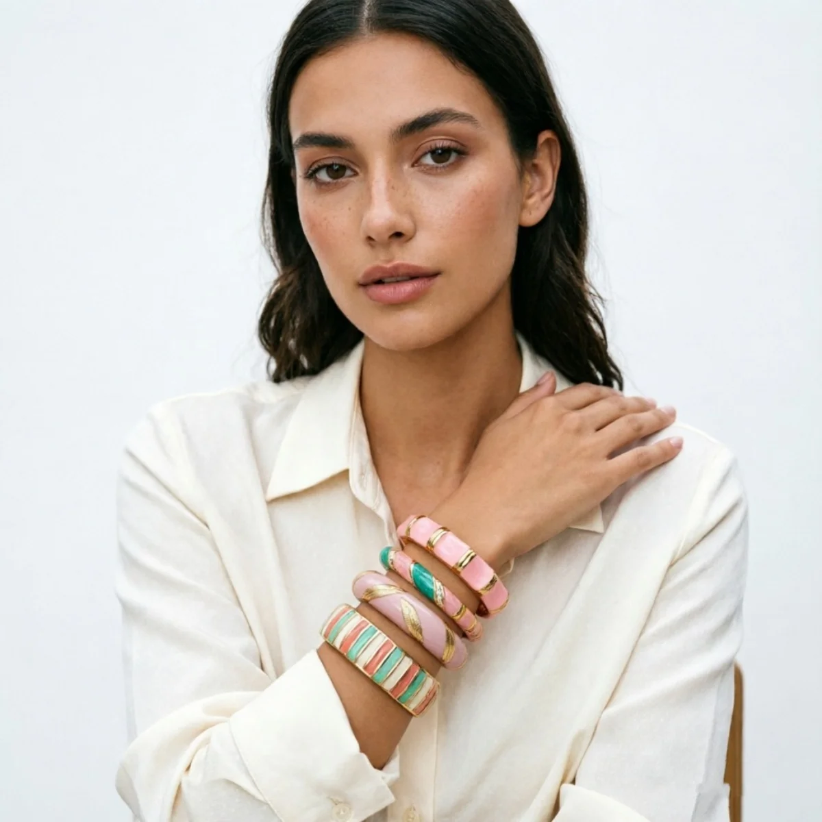 Vintage Pink-Serie Emaille-Manschettenarmbänder für Damen und Herren, Modisches Weichrosa Block-Muster mit Gedrehten Blättern, Blumen und Sternen, Armreif-Schmuck – Detail 20