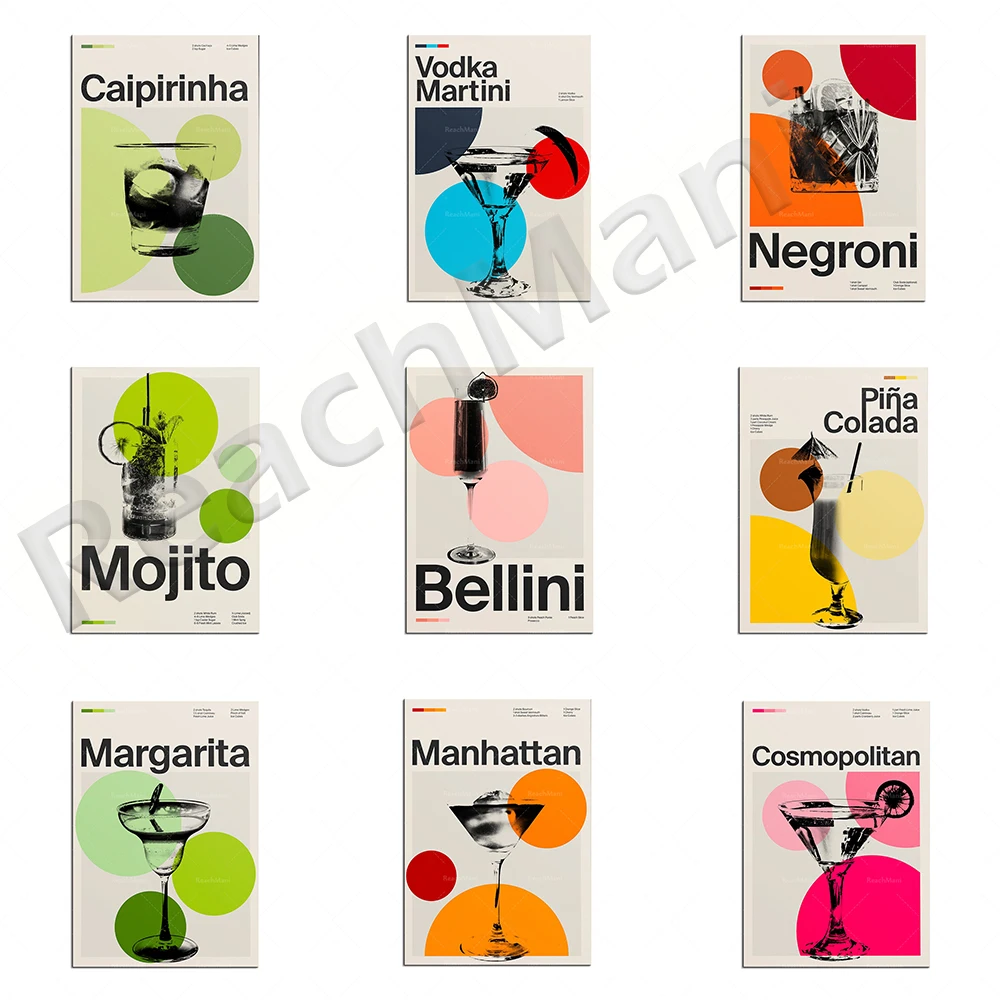 Pósteres de Cócteles - Negroni, Margarita, Cosmopolitan, Gin, Bellini, Manhattan, Martini, Decoración de Bar, Pósteres de Alcohol, Impresiones de Bebidas