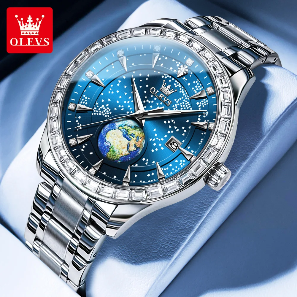 OLEVS 9967 Herenhorloge Luxe Originele Diamant Sterrenhemel Aarde Heren Quartz Horloge Topmode Waterdichte Automatische Kalenderklok