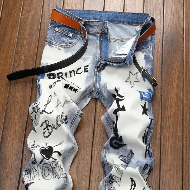 Fashion Hip-hop Style Star Trousers for Men Korean Luxury Clothing Embroidered and Printed Distressed Cowboy Washed Slim Jeans