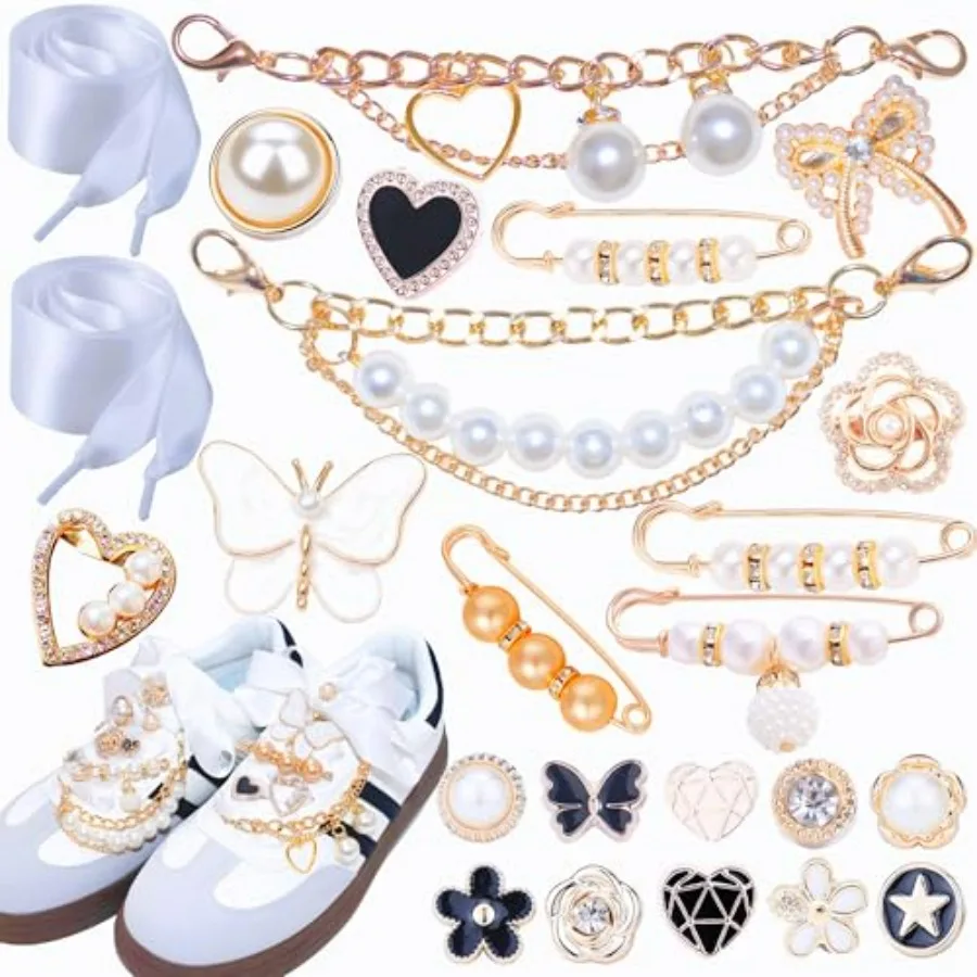 

Shoes Charms for Sneakers, Pearl Shoe Lace Charms, Junk Socks Pins, Shoe Chains, Ribbon Shoe Laces/Bows/Clips, Stylish Decorati