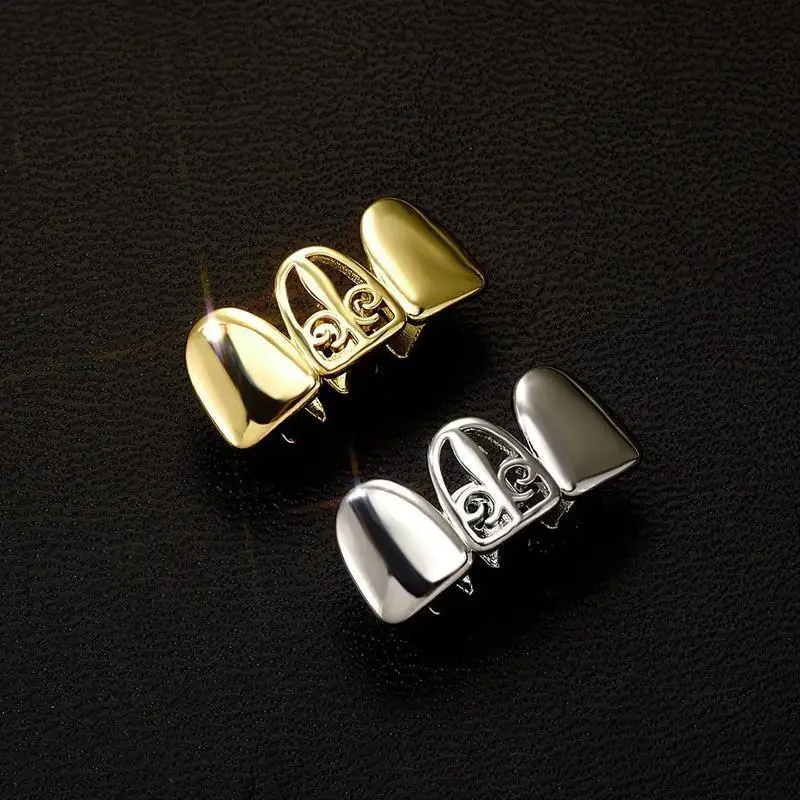 New Arrival Gold Plated Hollow 3 Tooth Upper Teeth Grillz Hip Hop Rapper Jewelry Men Women Cosplay Party Accessory