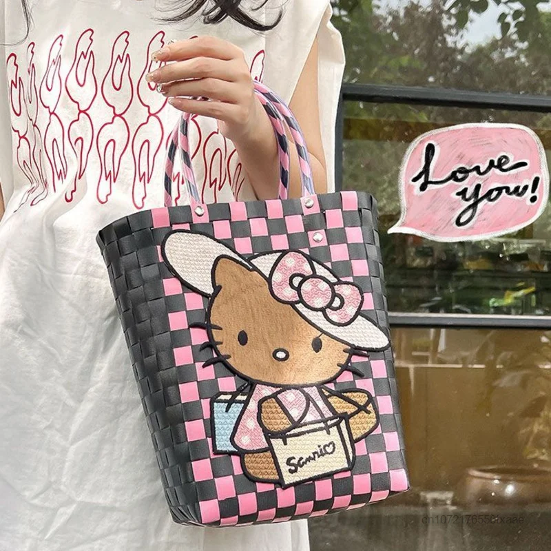 Sanrio Hawaiian Black Hello Kitty Weaving Baskets Women Portable Shopping Bag Korean Fashion Handbags Y2k Small Storage Tote Bag