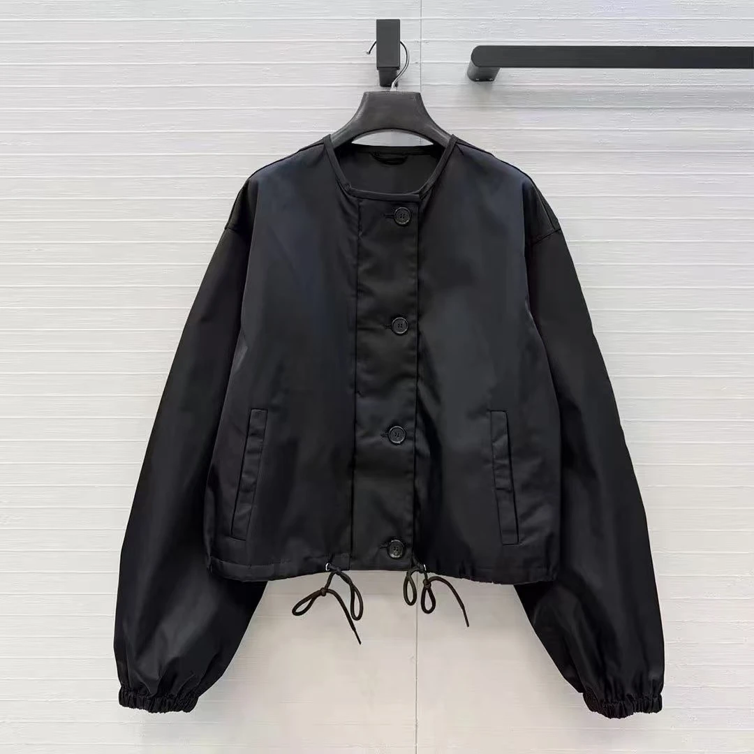 2026 New Autumn Preppy Style Adjustable Drawstring Waist Design Loose Solid Jacket Women O-neck Zipper Single Breasted Cute Coat