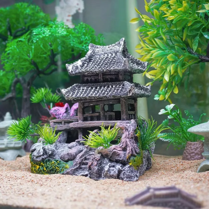 Wholesale custom resin simulation Jiangnan hut miniature garden ancient building aquarium fish tank decoration accessories