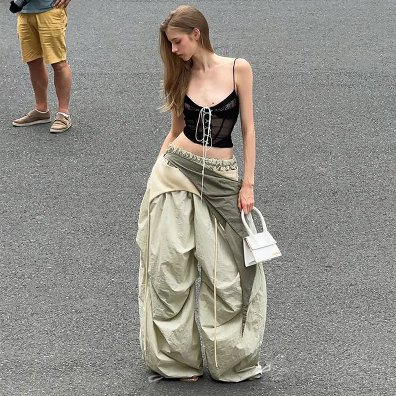 Niche-ontwerpstijl, trendy, lage taille, losse pasvorm, pittig meisje, geplooid en afslankend, tweedelige set werkkleding, casual broeken,