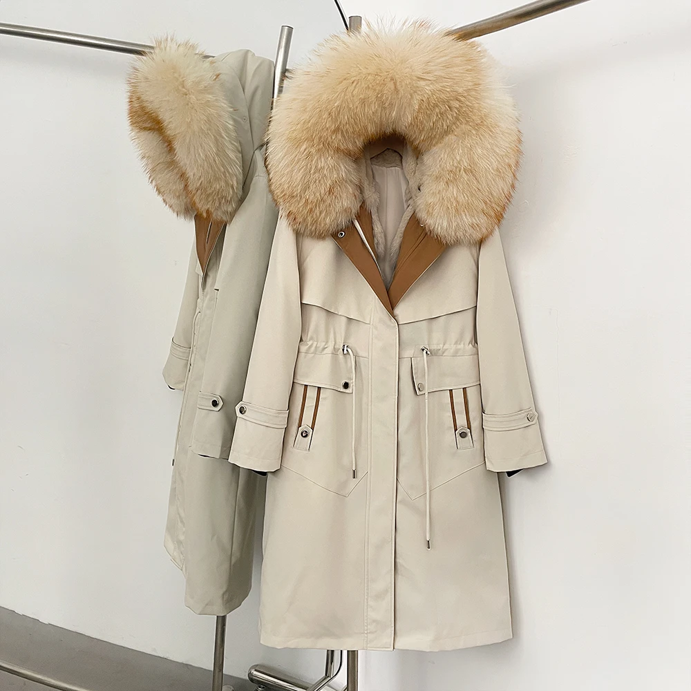 2025 feminino novo casaco de pele natural pele de coelho interior quente moda com capuz real pele de raposa à prova dwaterproof água grosso parker longo parka jaqueta