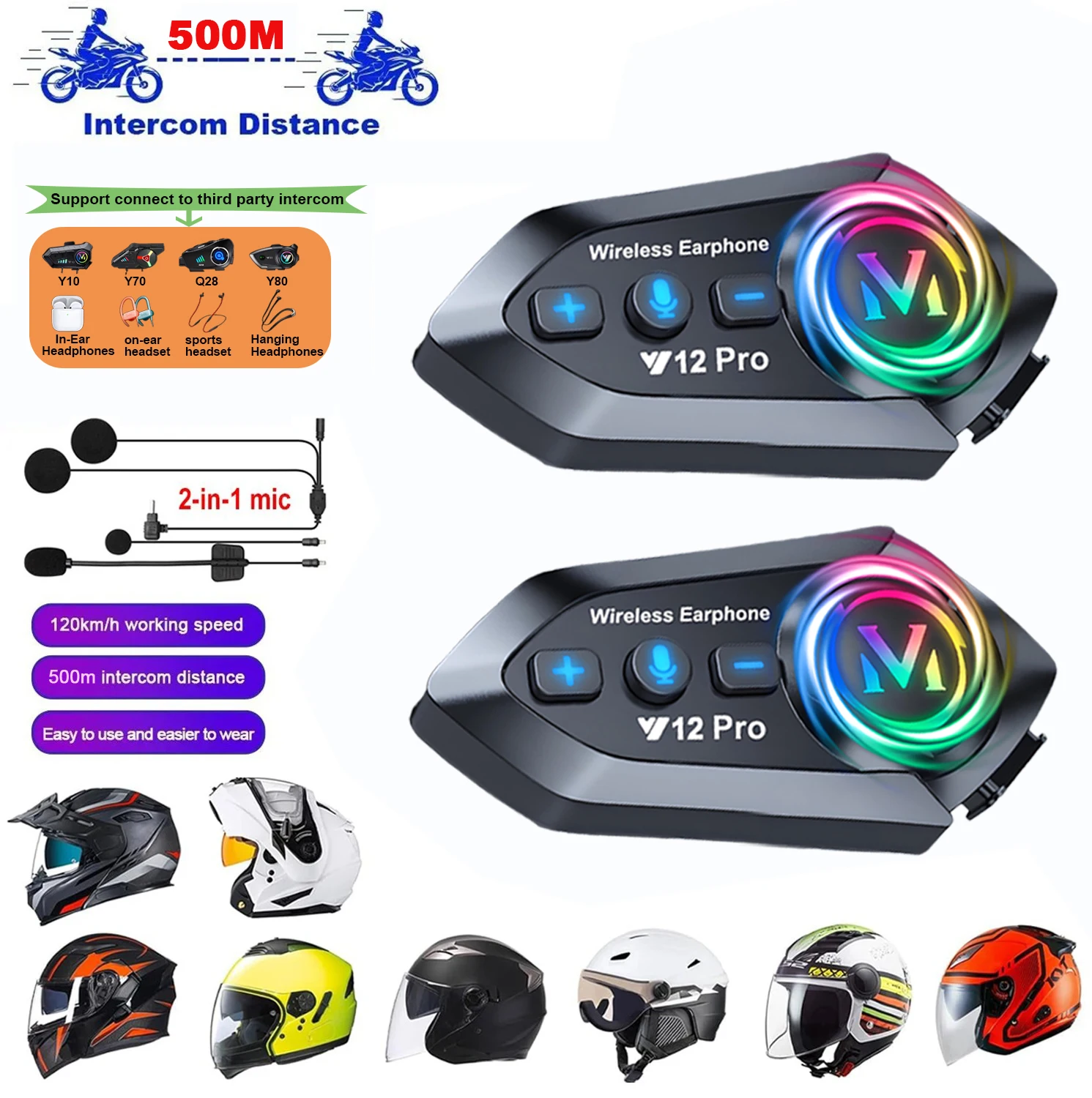 

1/2pcs Y12 Pro Motorcycle Helmet Intercom Bluetooth Headset Waterproof 500m Intercomunicador Wireless Handsfree Interphone