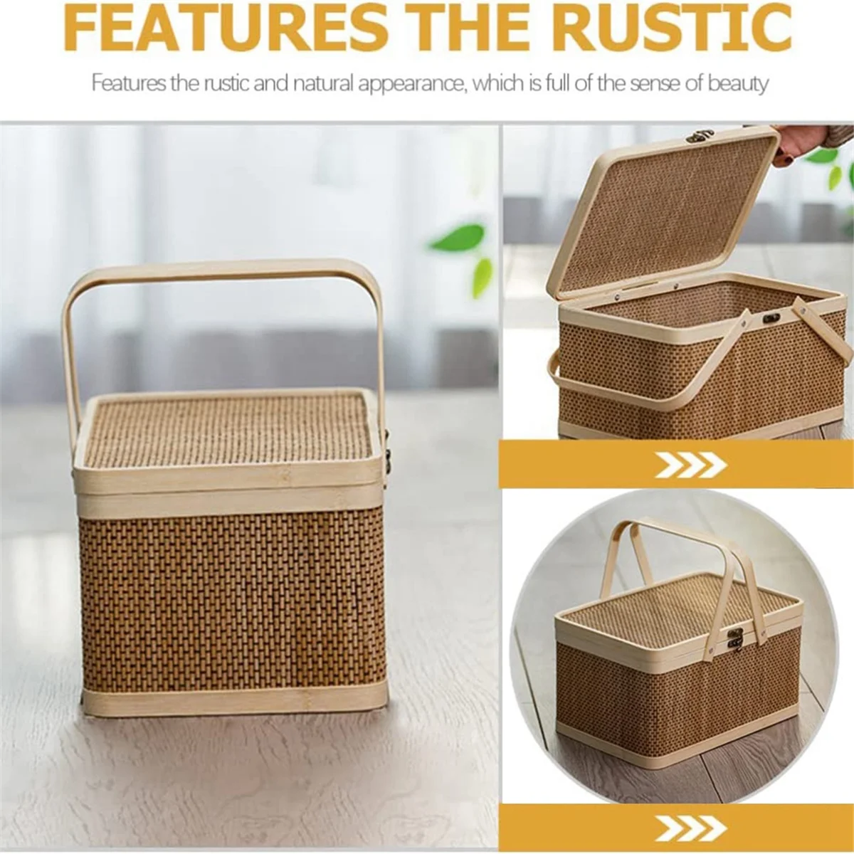 Bamboo Basket Natural -Friendly Woven Basket Bamboo Picnic Basket with Lid Handheld Snacks Bread Storage Basket