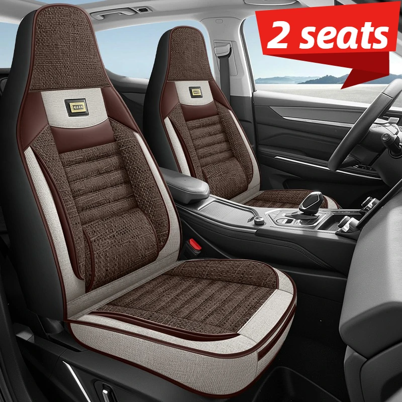 Front 2 Seats, High-End Luxury Fully Enclosed Linen One-Piece Car Front Seat Cover, Suitable for All Seasons Without Feeling Stuffy, Driver and Passenger Seat Covers, Suitable for Most Integrated Car Seats, Perfectly Fits Byd/Tesla/Ev Cars and Other Integrated Front Seat Configurations