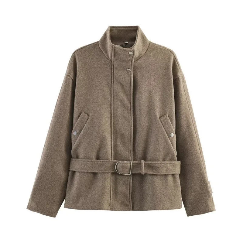 Women's Coffee Stand Collar Short Wool Coat, Autumn Winter Loose Drop Shoulder Woolen Jacket with Waist Belt