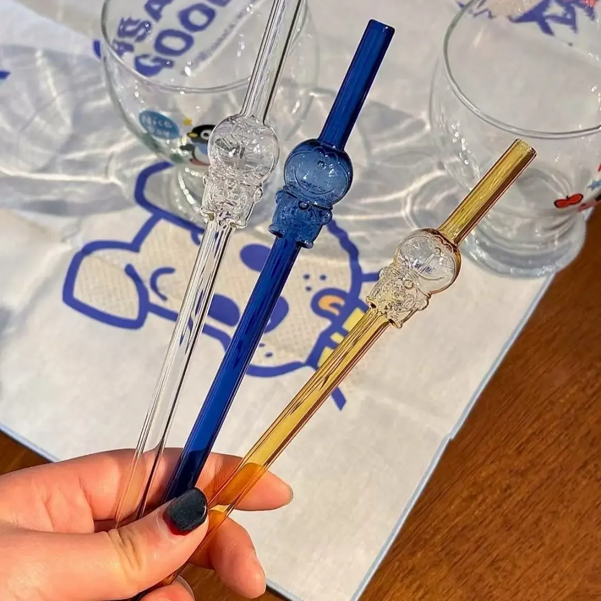 Cute Doraemon Glass Straw Heat‑Resistant Food‑Grade Reusable Drinking Straw