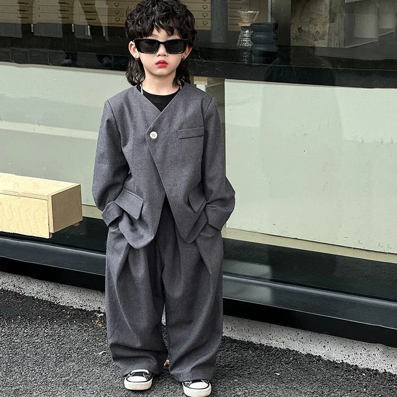 Kids Piano Performance Costume Boys Suit Casual Loose Grey Blazer Jacket Pants Two-piece School Children Clothing Set 2 To 13 Y