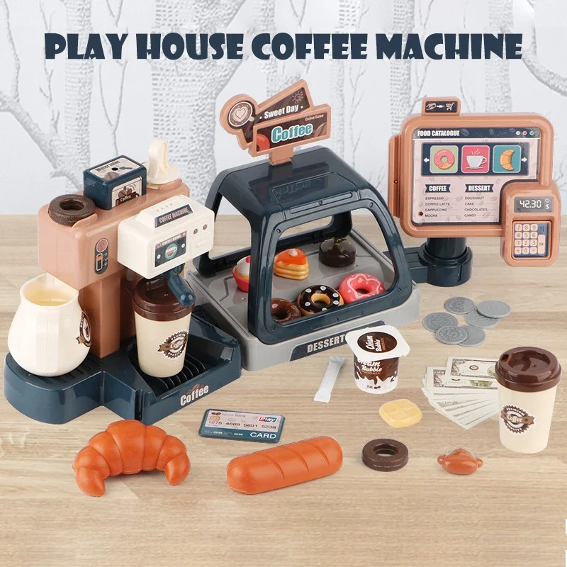 Kids Coffee Machine Kitchen Toy Set Simulation Food Bread Coffee Cake Pretend Play Shopping Cash Register Toys For Children Gift