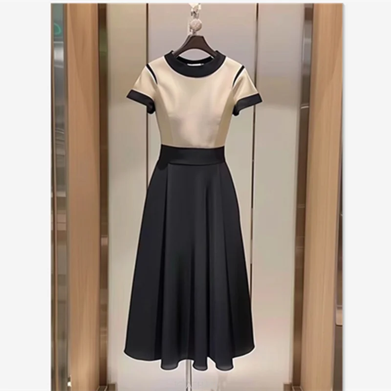 

Women's Satin Patchwork A-Line Dress New Office Elegant Lady Temperament Short Sleeve High Waist Midi Party Vestidos Summer
