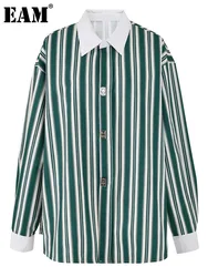 [EAM] Women Green Striped Big Size Vintage Blouse New Lapel Long Sleeve Loose Fit Shirt Fashion Tide Spring Autumn 2024 CPG0669