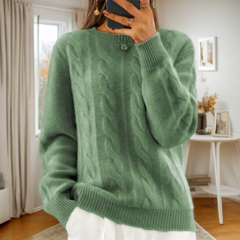 

New Daily Casual Knitting Solid Round Neck Pullover Vintage Fried Dough Twists Autumn Winter Collection Women's Sweater