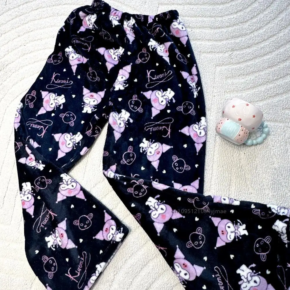 Piyama flanel Sanrio Hello Kitty Kuromi baru 2025 celana hangat bulu domba kasual musim dingin wanita celana pakaian rumah santai hadiah anak perempuan