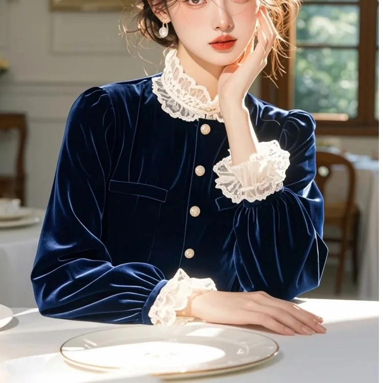 Winter Velvet Lace Splice Blue Shirt Luxury Sensation Unique Elegant Small Fragrance Style Long Sleeve Drawstring Commute Sty...