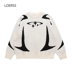 LOERSS Graphic Knit Stars Print Sweaters Oversized Y2K Pullover Men and Women Couple Sweater Winter Unisex Aesthetic Clothing