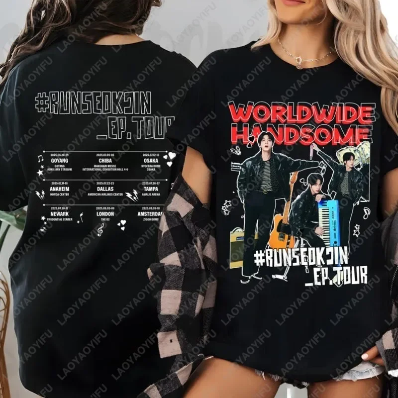 2025 تشغيل Seokjin جولة جين القطن التي شيرت الحفل في جميع أنحاء العالم وسيم الرجال النساء الجيش تيز الاتجاه كول عادية موضة الكبار بلايز هدية #1