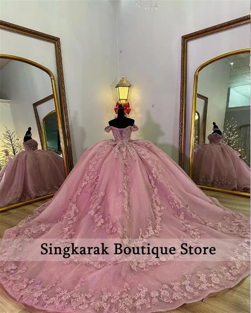 Pink Off Shoulder Beading Crystal Princess Quincenara Dresses Ball Gown Flowers Appliques Lace Sweet 15 XV  Customized