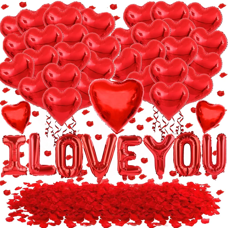 Valentinstag-Ballon-Set mit rotem Herz, aufblasbarer Aluminiumfolienballon mit rotem simulierter Seidenblütenblatt, Geburtstags- und Hochzeitsdekoration