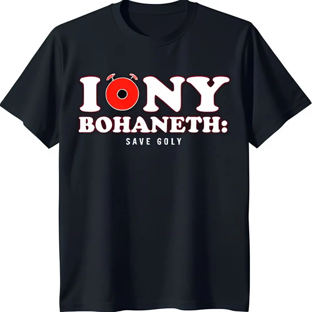 Black T-Shirt with Red Donut Graphic & 'I NY BOHANETH: SAVE GOLY' Slogan