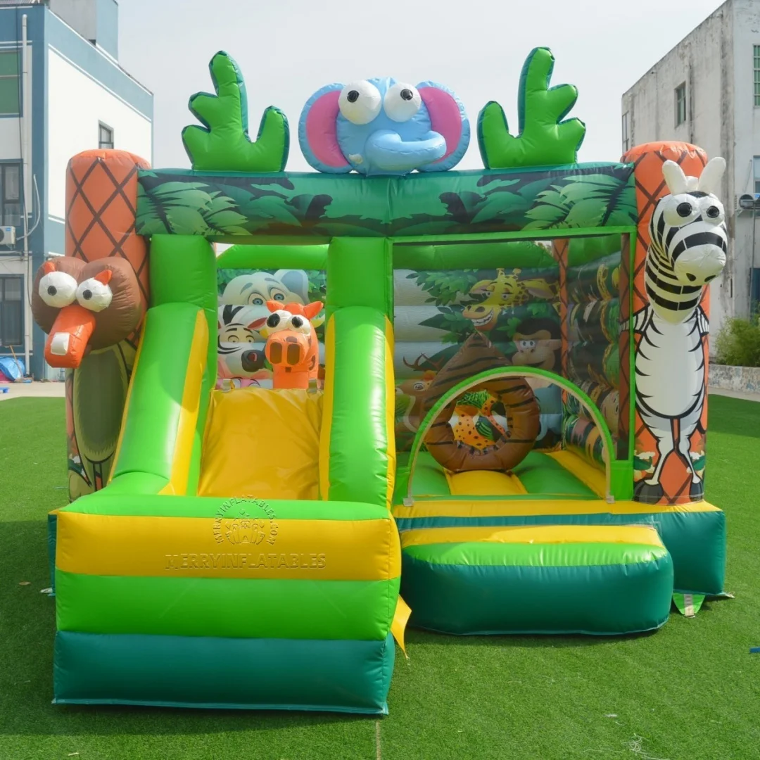 Combinación de tobogán inflable de animales de Safari, Castillo de salto con tema de jungla, Combo château inflable Springkastelen