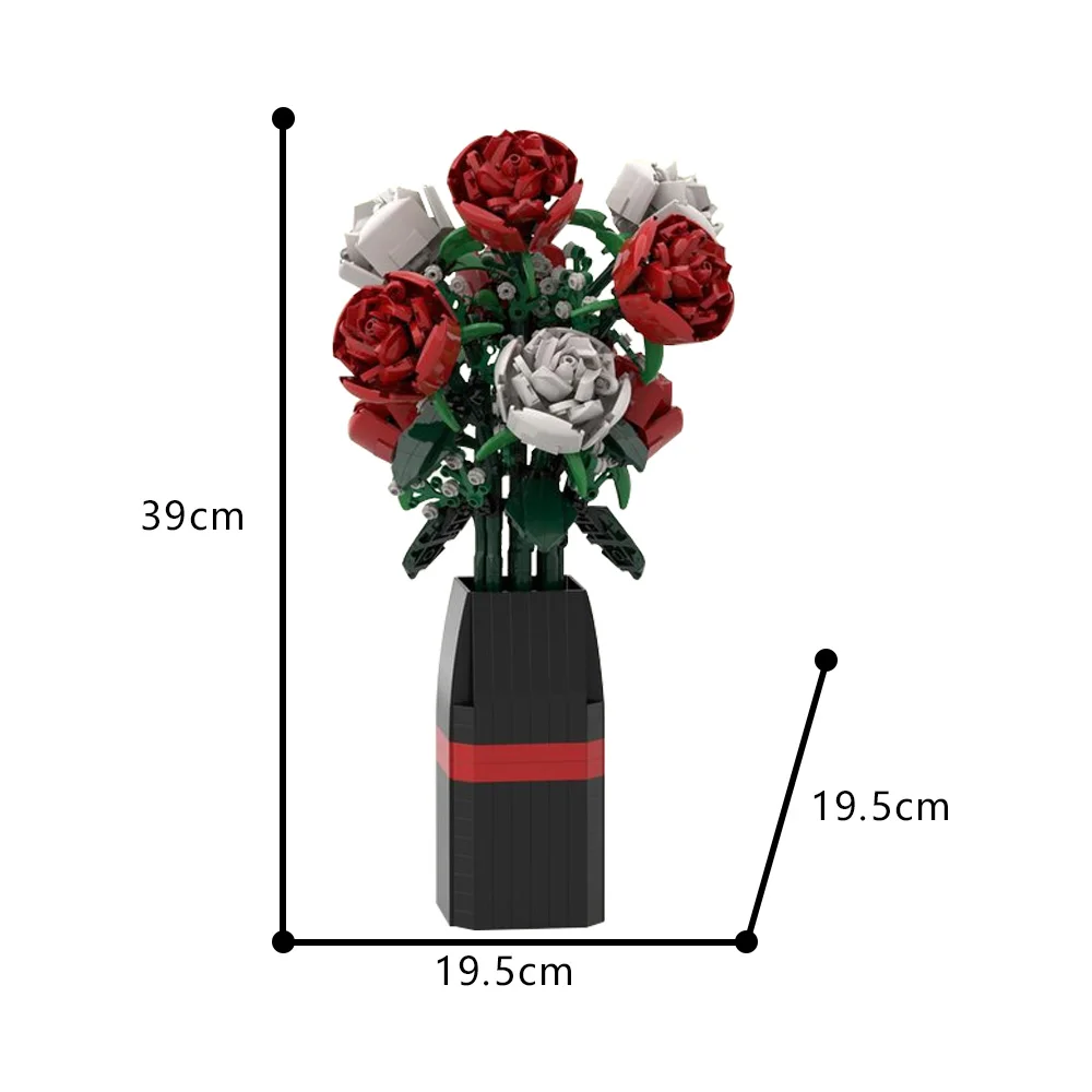 MOC Creativity Red White Roses Model Building Blocks Rainbow Vase Bricks Small And Round Turquoise Flower Vase Decorate Toy Gift