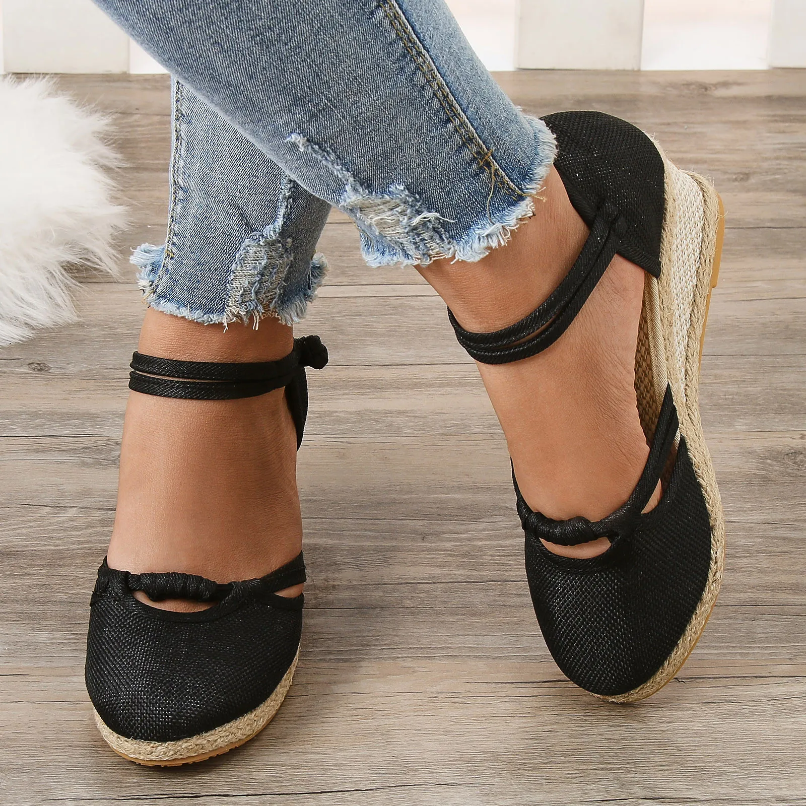 

Fashion Women Weave Linen Close Toe High Heel Wedge Espadrilles Sandals Summer Casual Comfortable Ankle Strap Platform Shoes