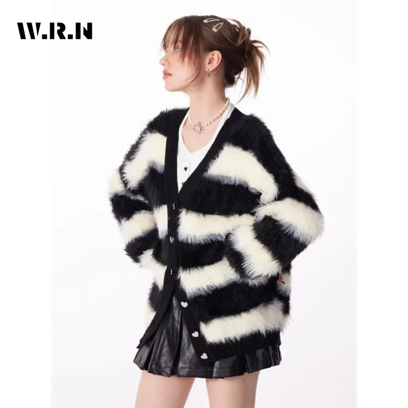 Korean Harajuku Oversized V-neck Mohair Cozy Knitted Cardigan Women Striped Single Breasted Sweater Coat Trendy Spring Fall 2024