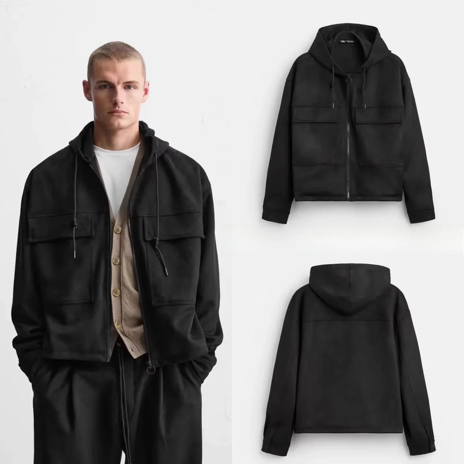 

Autumn Winter New Men's Suede Long Sve Loose Fit Zipper Jaet Outerwear Youth Trend Regular Length Hooded Coat