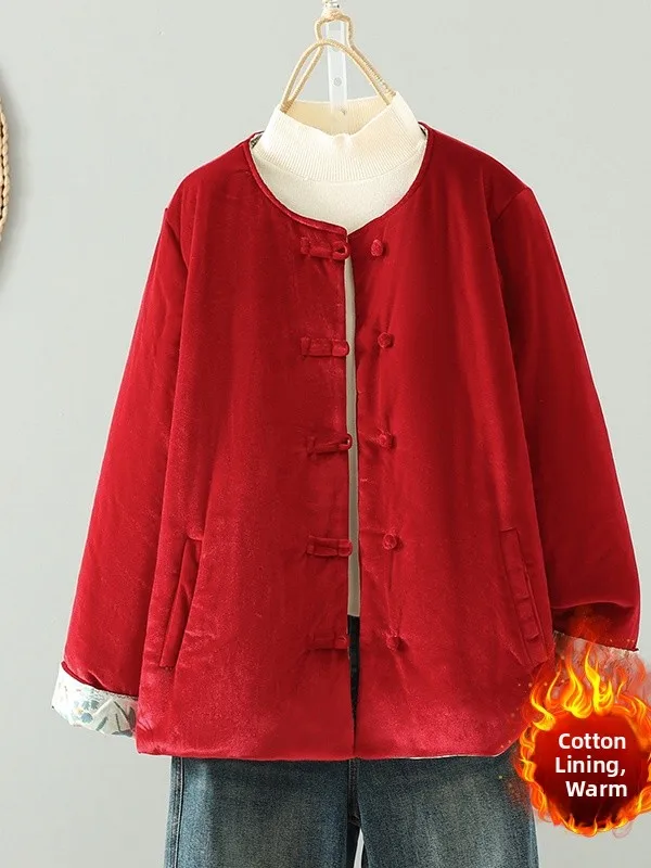 

Double-Sided Wearable Velvet Warm Coat Chinese Sle New Year Red Cotton Outerwear Thiened Straight Cut Long Sve round Ne