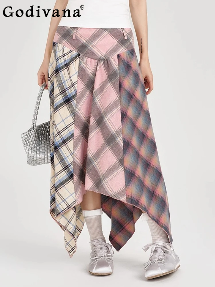

Cute Girl Summer New Irregular American Retro Plaid Splicing Skirts High Waist A-line Sweet Fashion Versatile Temperament Skirts