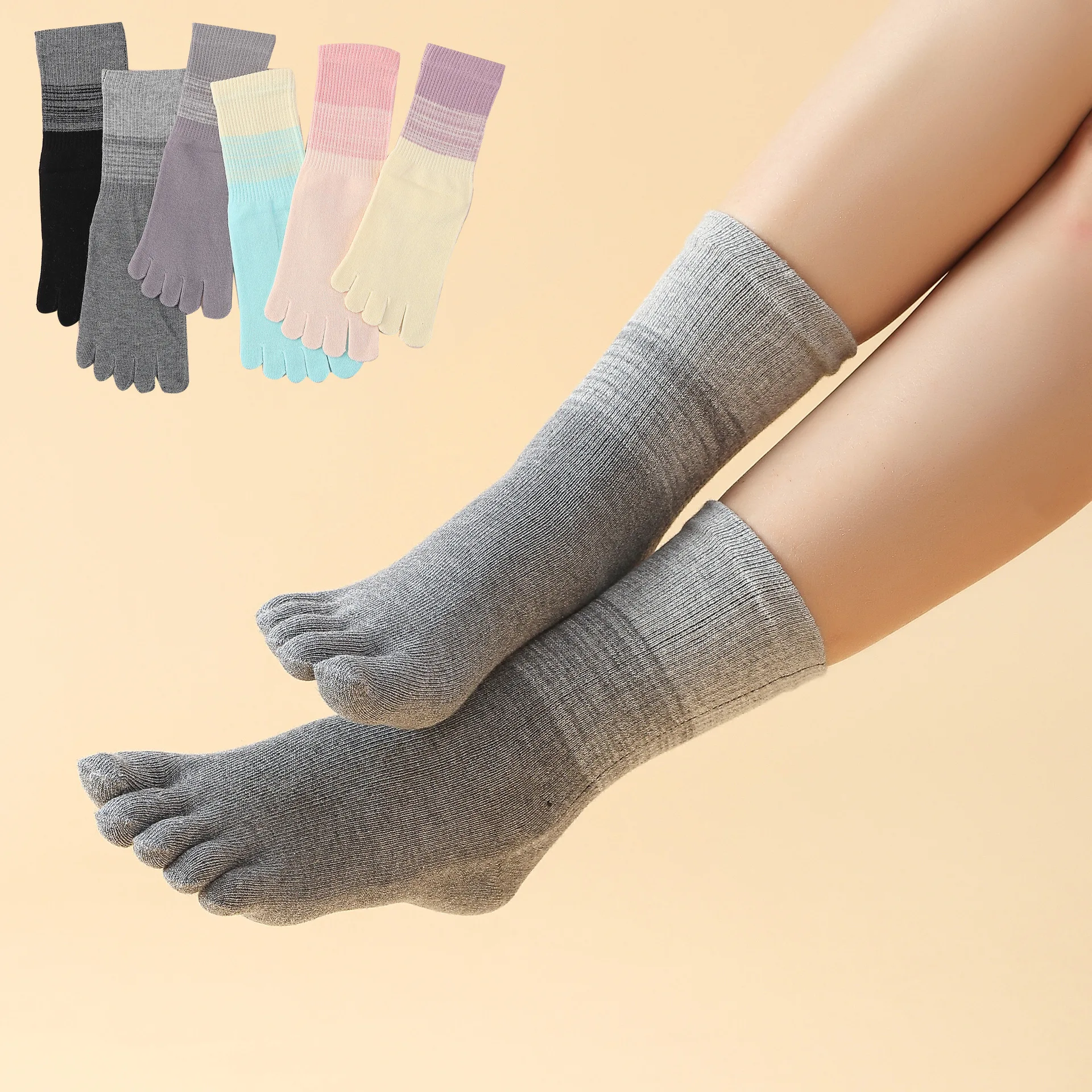 

Осенне-зимние носки средней длины с градиентом цвета и пятью пальцами для женщин, хлопковые носки с цветными блоками, утягивающие спортивные носки с разделенным носком