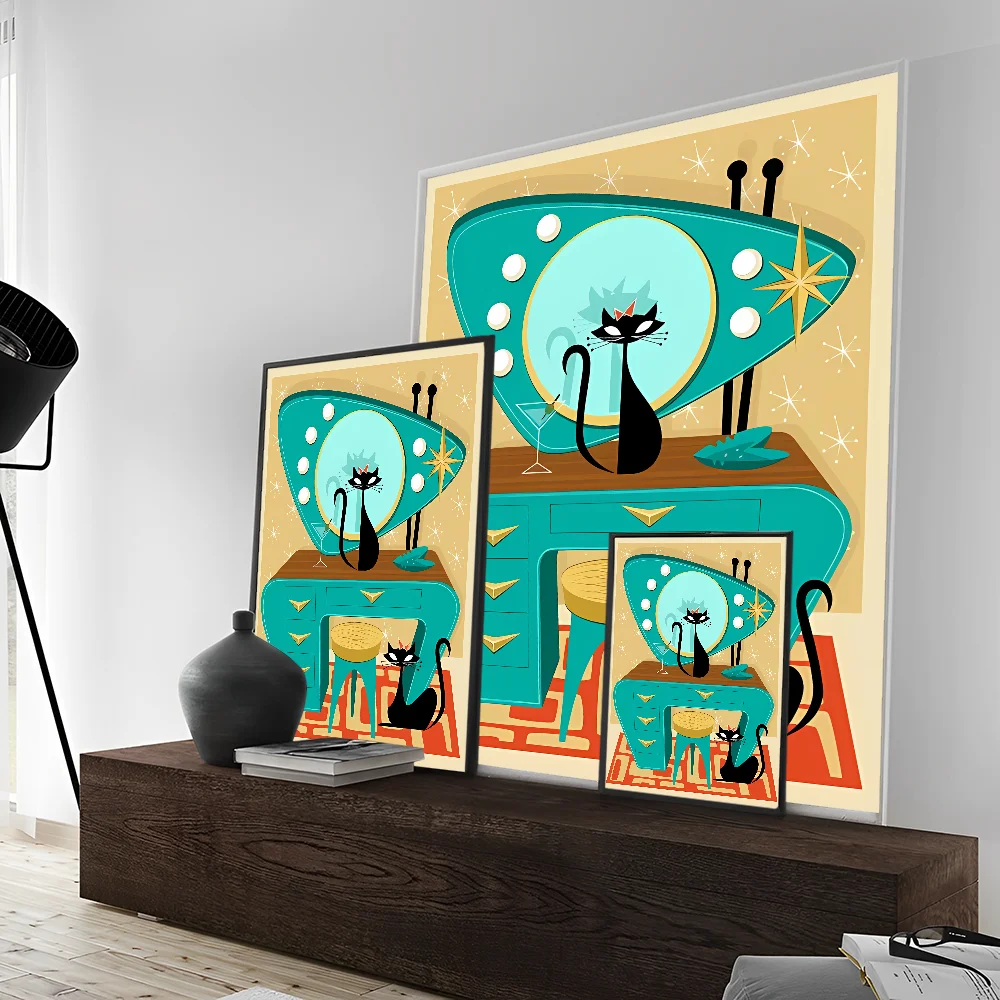 Mid Century Black Cat Classic Vintage Posters Decoracion Painting Wall Art White Kraft Paper Kawaii Room Decor
